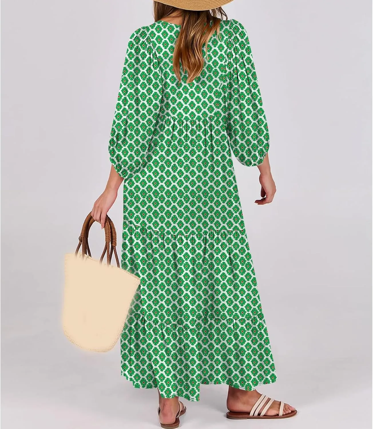 Kubbon Flowy Dresses for Women Boho Printed Maxi Dresses Casual V Neck Puff Sleeve Sundress Loose Beach Dress Fashion Clothes
