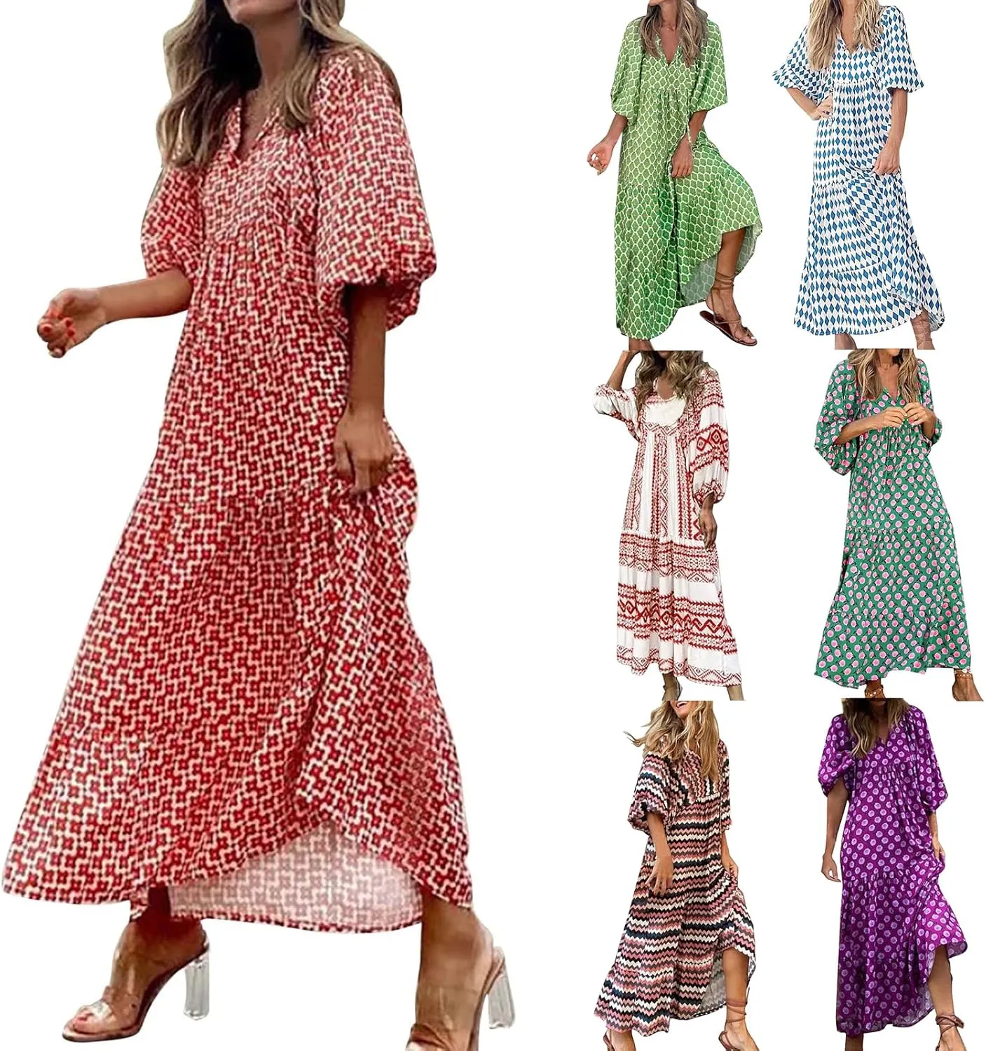 Kubbon Flowy Dresses for Women Boho Printed Maxi Dresses Casual V Neck Puff Sleeve Sundress Loose Beach Dress Fashion Clothes