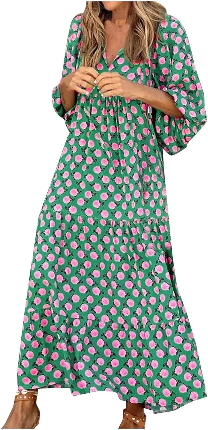 Kubbon Flowy Dresses for Women Boho Printed Maxi Dresses Casual V Neck Puff Sleeve Sundress Loose Beach Dress Fashion Clothes