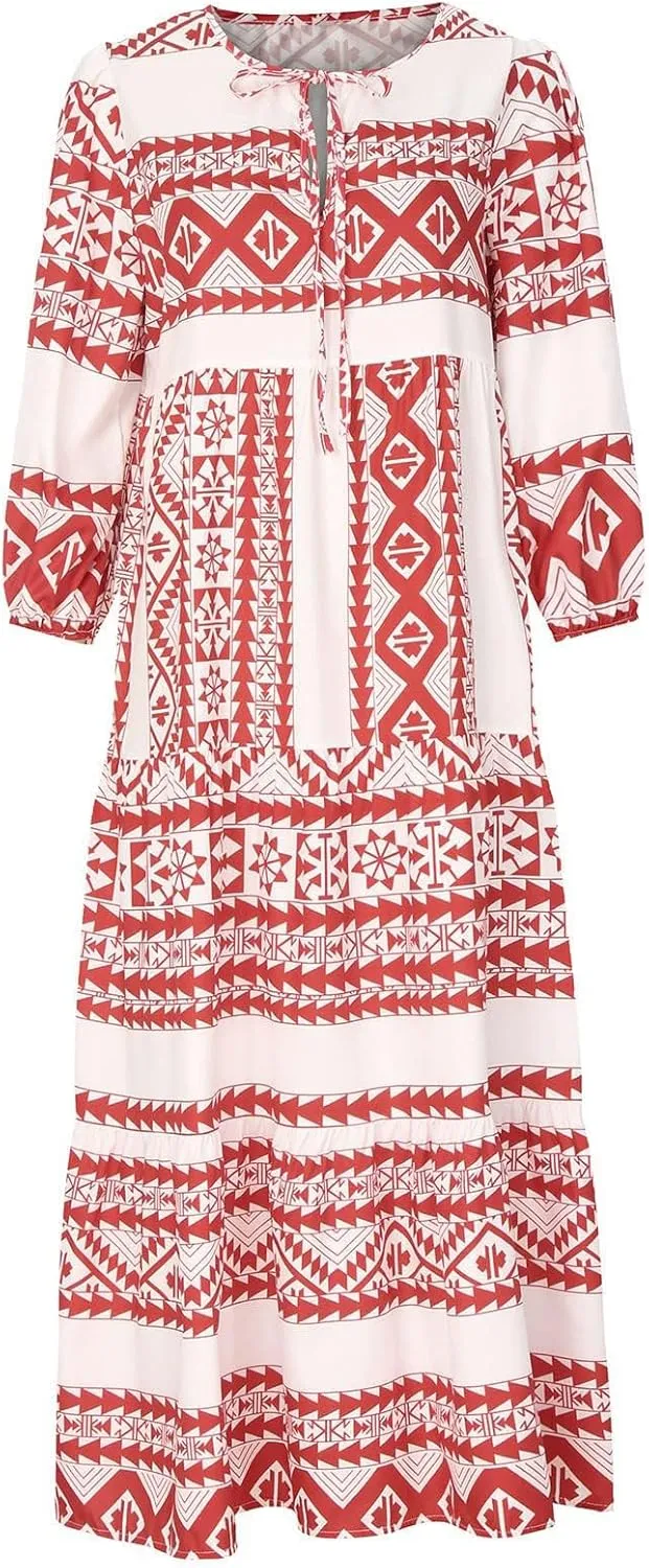 Kubbon Flowy Dresses for Women Boho Printed Maxi Dresses Casual V Neck Puff Sleeve Sundress Loose Beach Dress Fashion Clothes