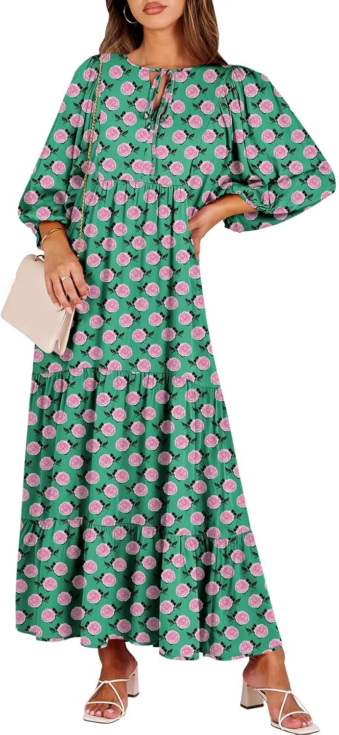 Kubbon Flowy Dresses for Women Boho Printed Maxi Dresses Casual V Neck Puff Sleeve Sundress Loose Beach Dress Fashion Clothes