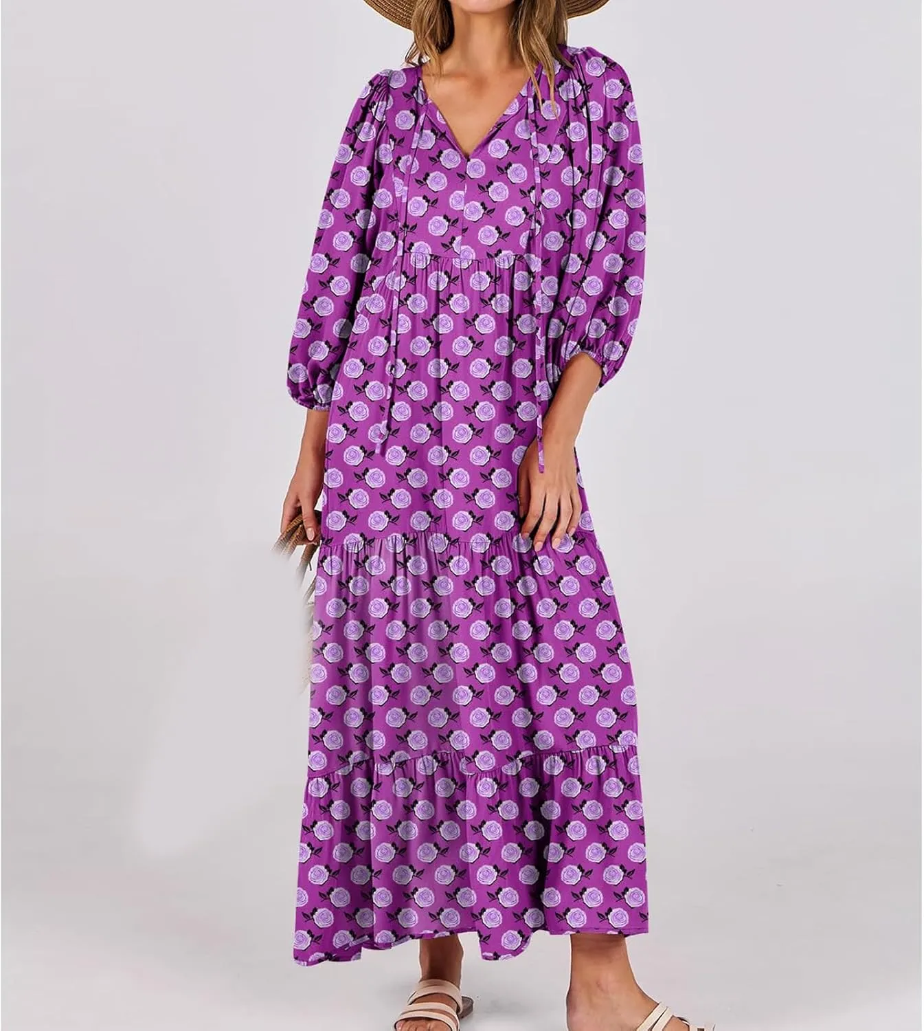 Kubbon Flowy Dresses for Women Boho Printed Maxi Dresses Casual V Neck Puff Sleeve Sundress Loose Beach Dress Fashion Clothes
