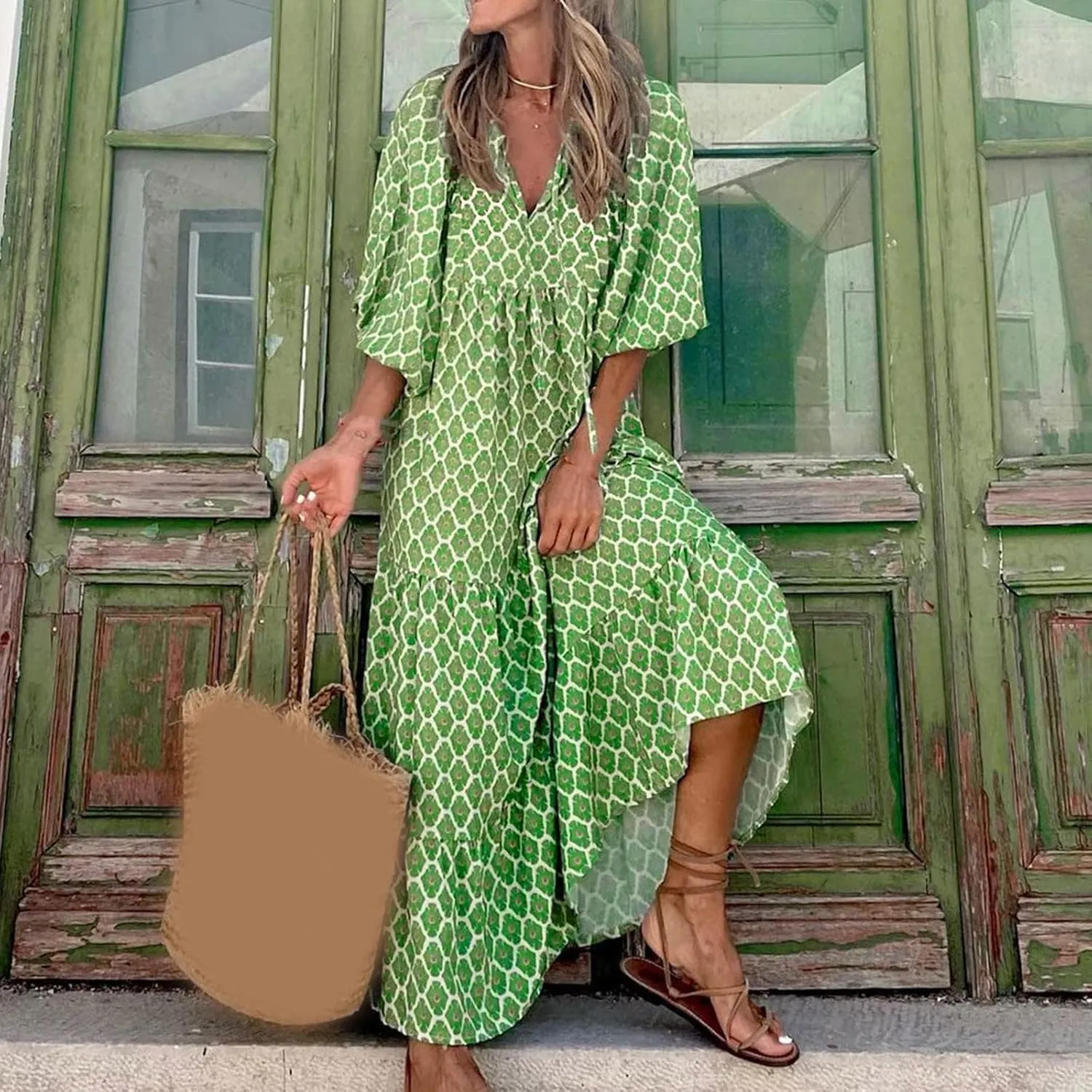 Kubbon Flowy Dresses for Women Boho Printed Maxi Dresses Casual V Neck Puff Sleeve Sundress Loose Beach Dress Fashion Clothes