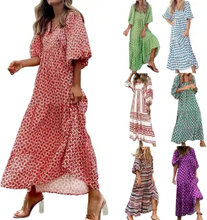 Kubbon Flowy Dresses for Women Boho Printed Maxi Dresses Casual V Neck Puff Sleeve Sundress Loose Beach Dress Fashion Clothes