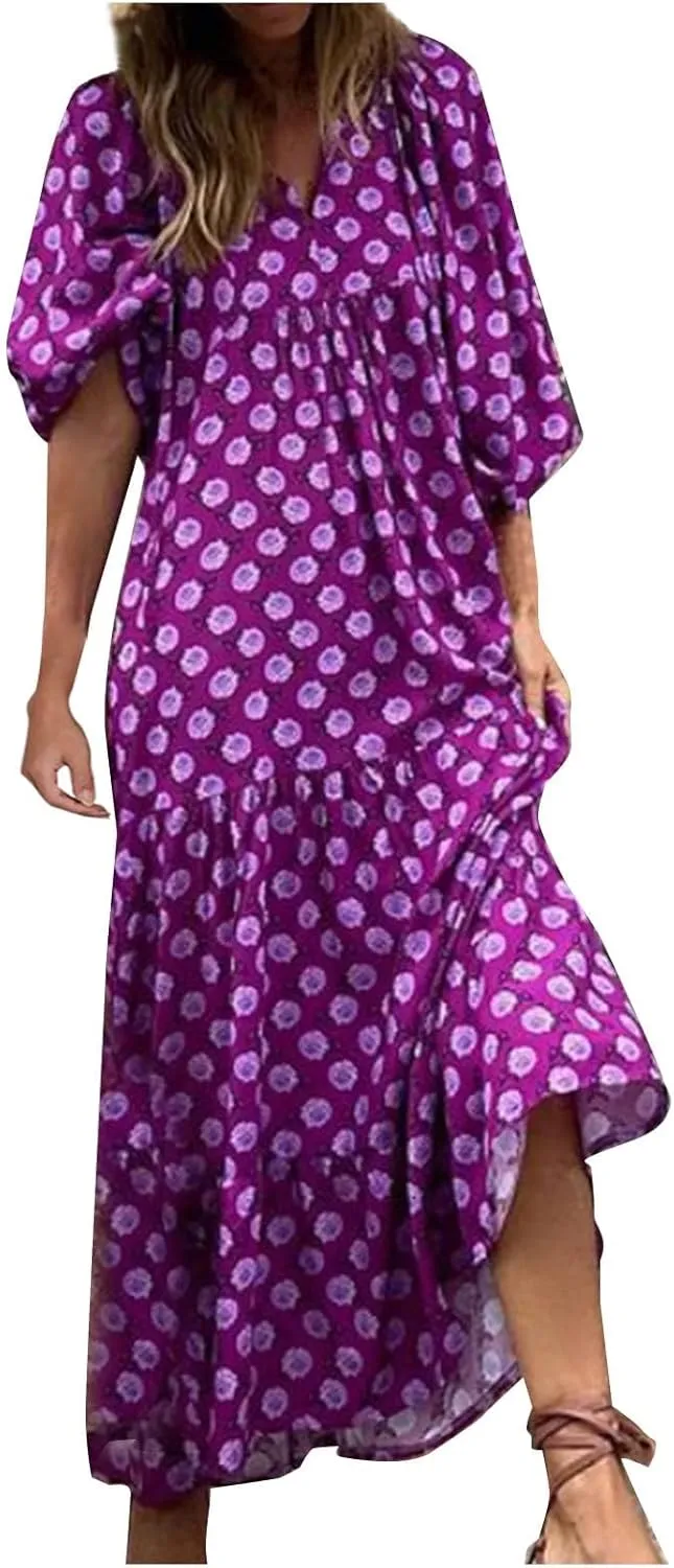 Kubbon Flowy Dresses for Women Boho Printed Maxi Dresses Casual V Neck Puff Sleeve Sundress Loose Beach Dress Fashion Clothes