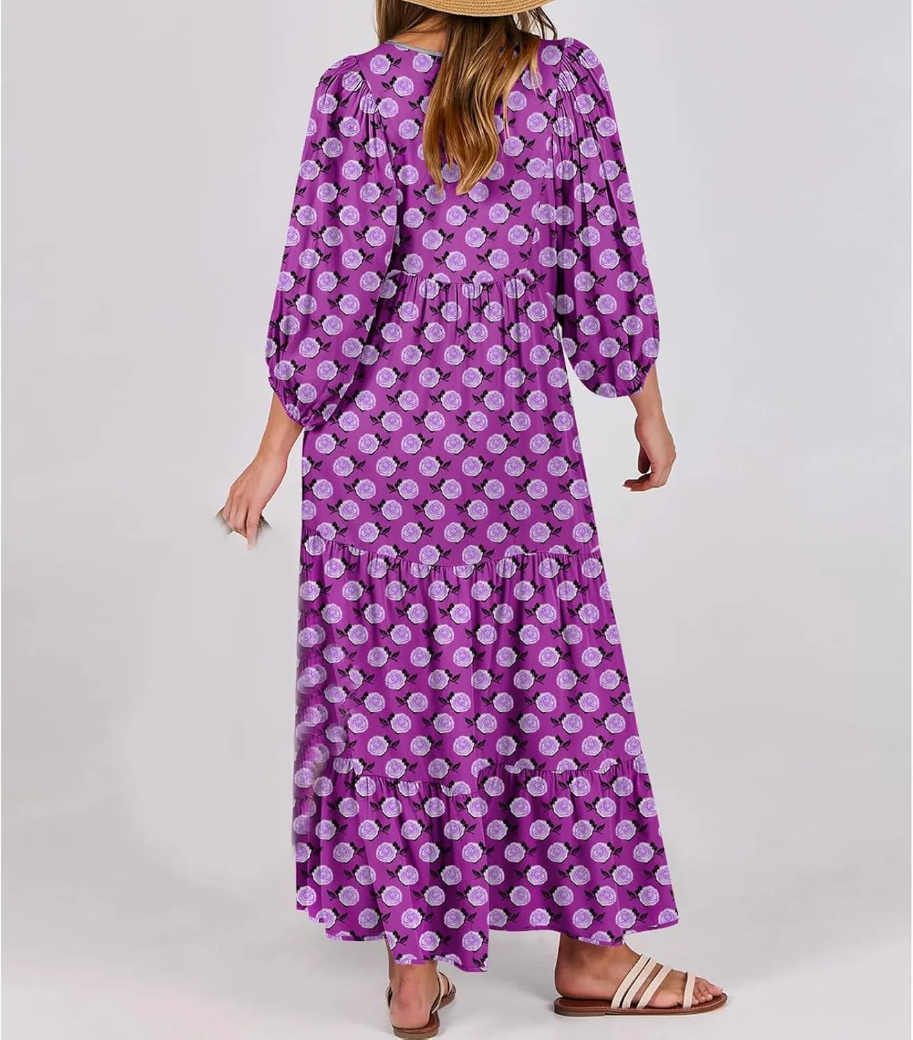 Kubbon Flowy Dresses for Women Boho Printed Maxi Dresses Casual V Neck Puff Sleeve Sundress Loose Beach Dress Fashion Clothes