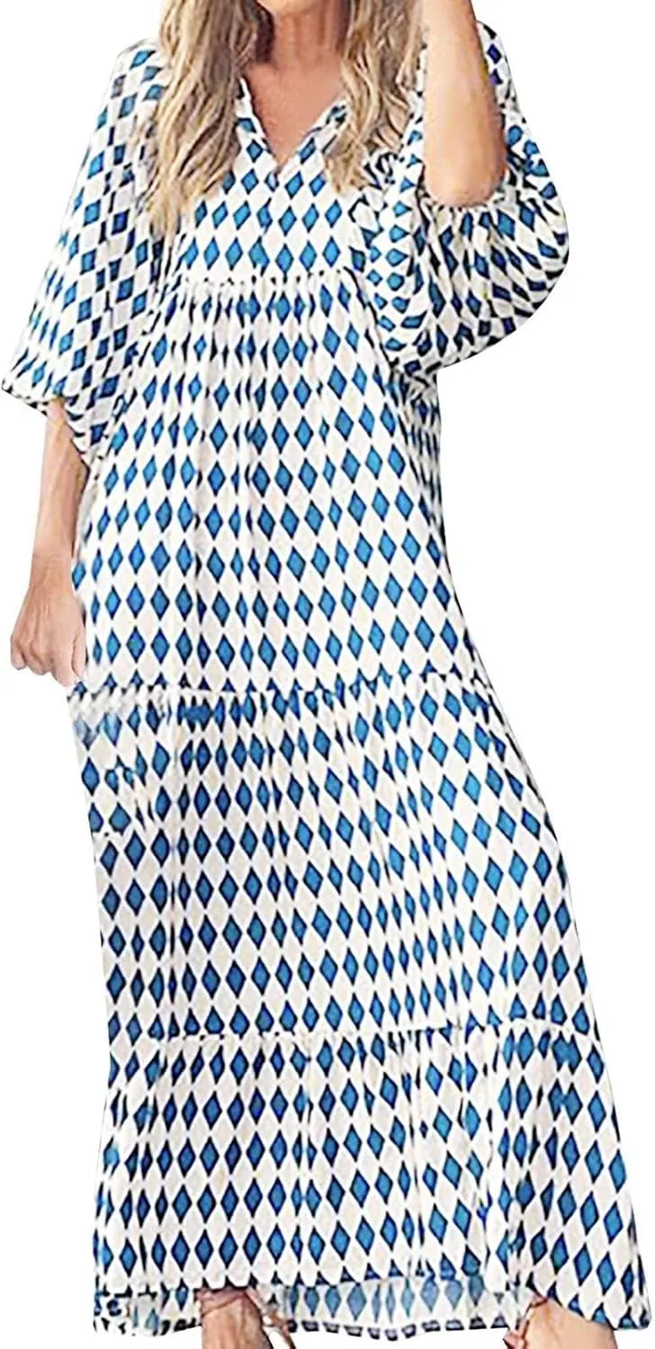 Kubbon Flowy Dresses for Women Boho Printed Maxi Dresses Casual V Neck Puff Sleeve Sundress Loose Beach Dress Fashion Clothes