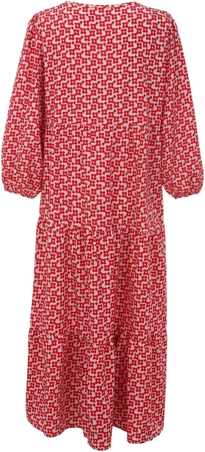 Kubbon Flowy Dresses for Women Boho Printed Maxi Dresses Casual V Neck Puff Sleeve Sundress Loose Beach Dress Fashion Clothes