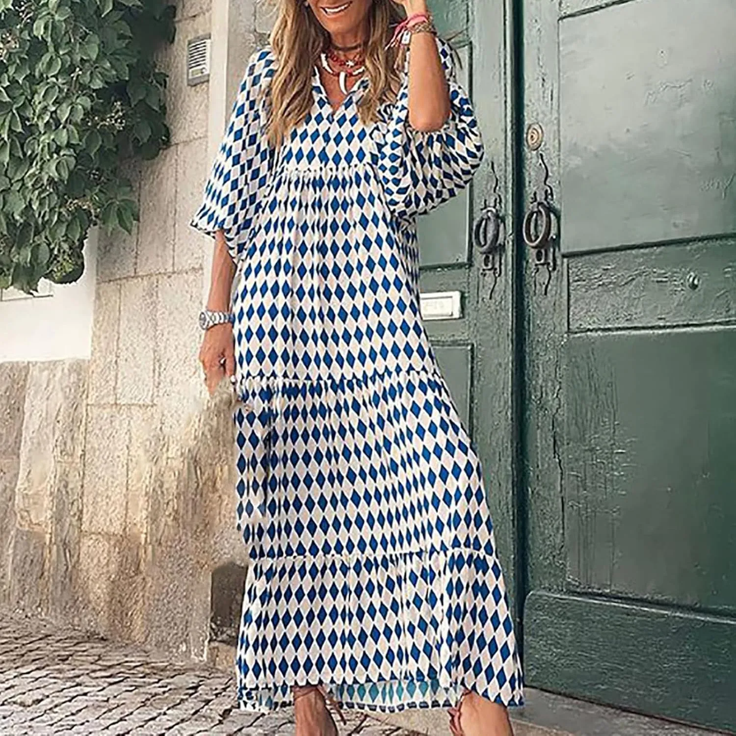 Kubbon Flowy Dresses for Women Boho Printed Maxi Dresses Casual V Neck Puff Sleeve Sundress Loose Beach Dress Fashion Clothes