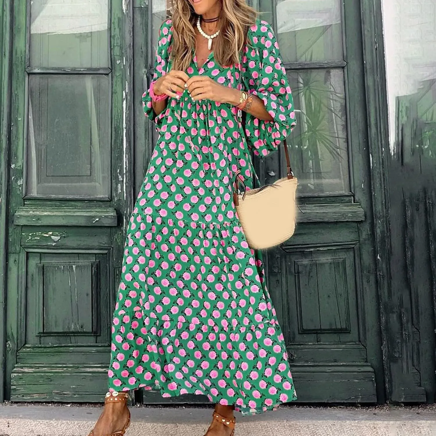 Kubbon Flowy Dresses for Women Boho Printed Maxi Dresses Casual V Neck Puff Sleeve Sundress Loose Beach Dress Fashion Clothes