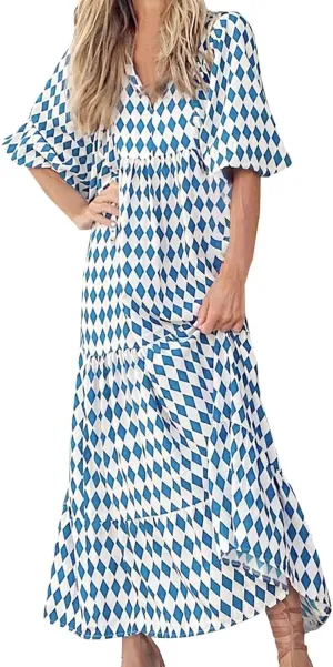 Kubbon Flowy Dresses for Women Boho Printed Maxi Dresses Casual V Neck Puff Sleeve Sundress Loose Beach Dress Fashion Clothes