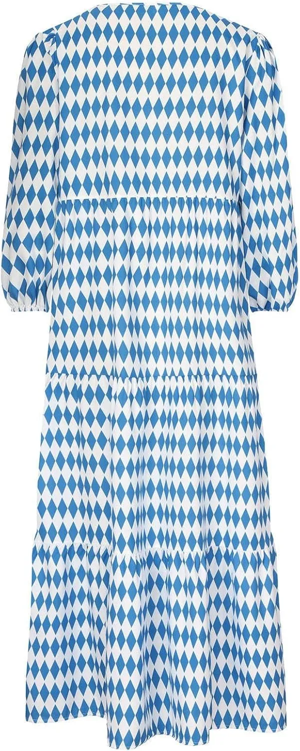 Kubbon Flowy Dresses for Women Boho Printed Maxi Dresses Casual V Neck Puff Sleeve Sundress Loose Beach Dress Fashion Clothes
