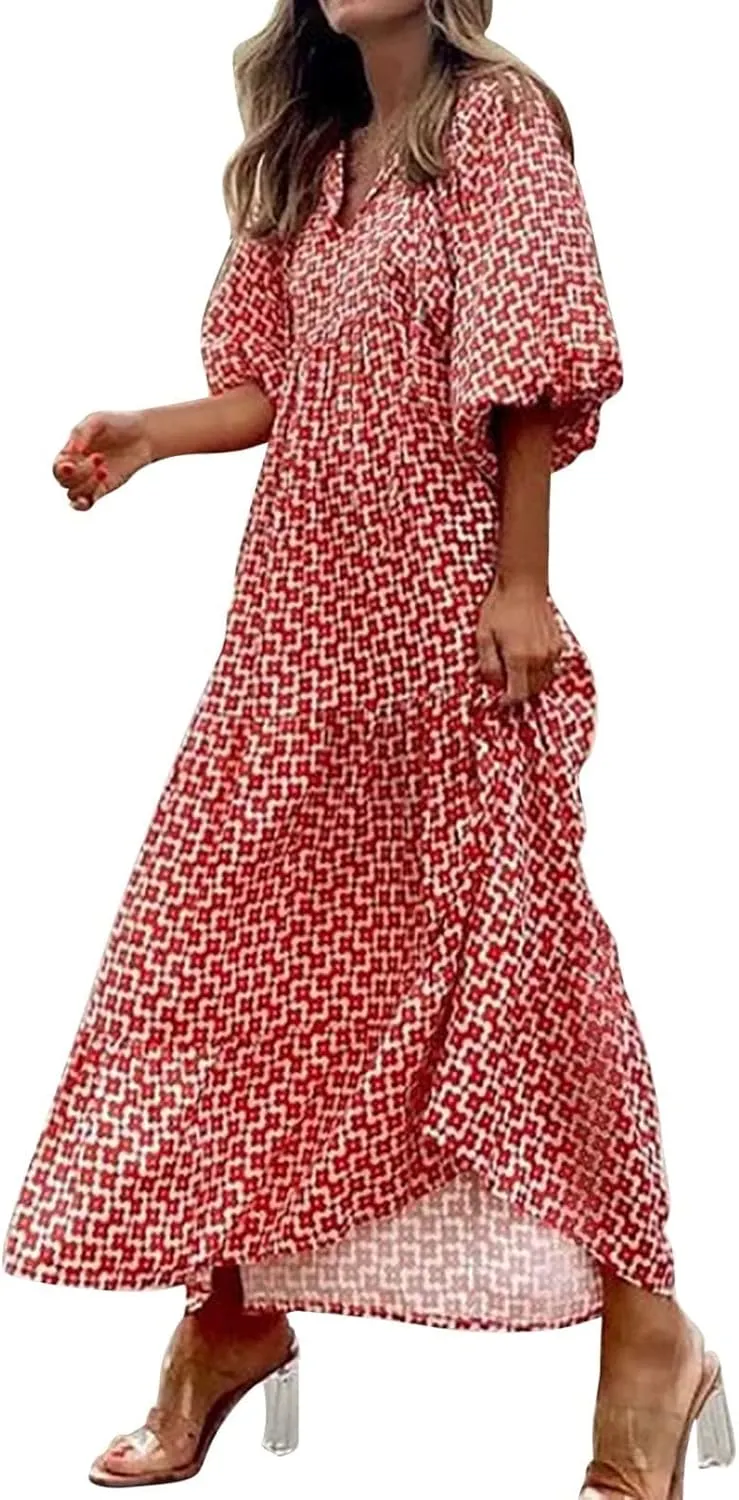 Kubbon Flowy Dresses for Women Boho Printed Maxi Dresses Casual V Neck Puff Sleeve Sundress Loose Beach Dress Fashion Clothes