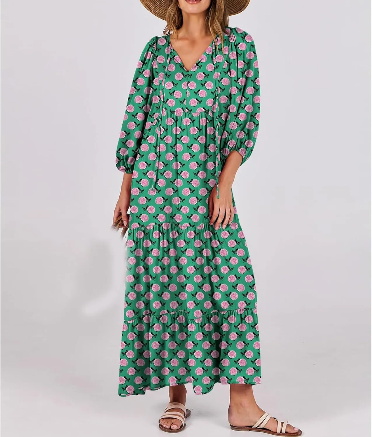 Kubbon Flowy Dresses for Women Boho Printed Maxi Dresses Casual V Neck Puff Sleeve Sundress Loose Beach Dress Fashion Clothes