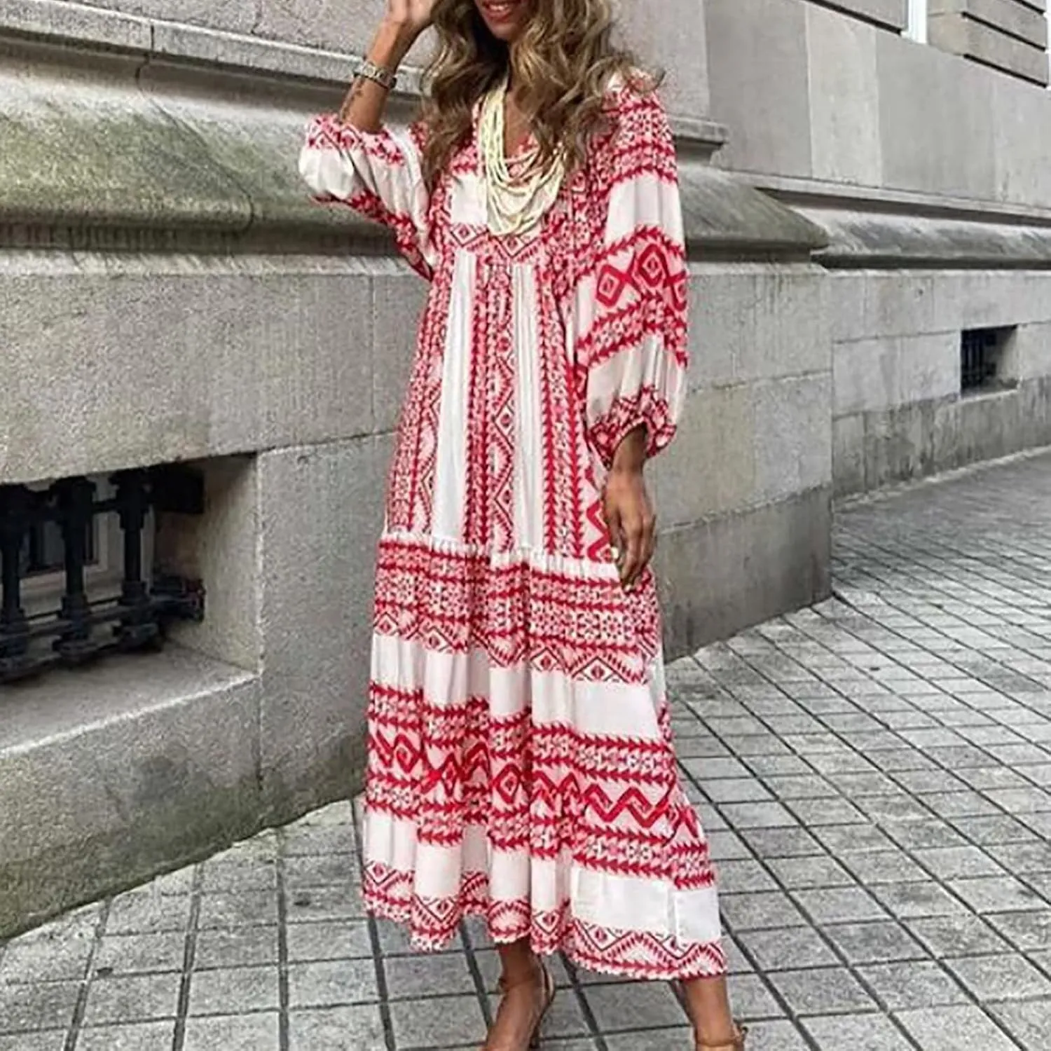 Kubbon Flowy Dresses for Women Boho Printed Maxi Dresses Casual V Neck Puff Sleeve Sundress Loose Beach Dress Fashion Clothes