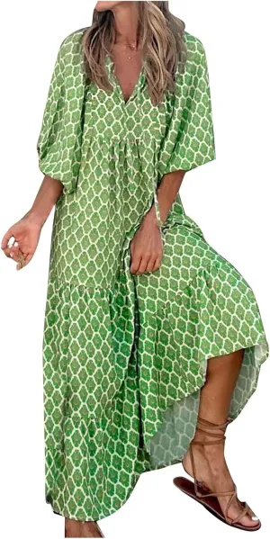 Kubbon Flowy Dresses for Women Boho Printed Maxi Dresses Casual V Neck Puff Sleeve Sundress Loose Beach Dress Fashion Clothes