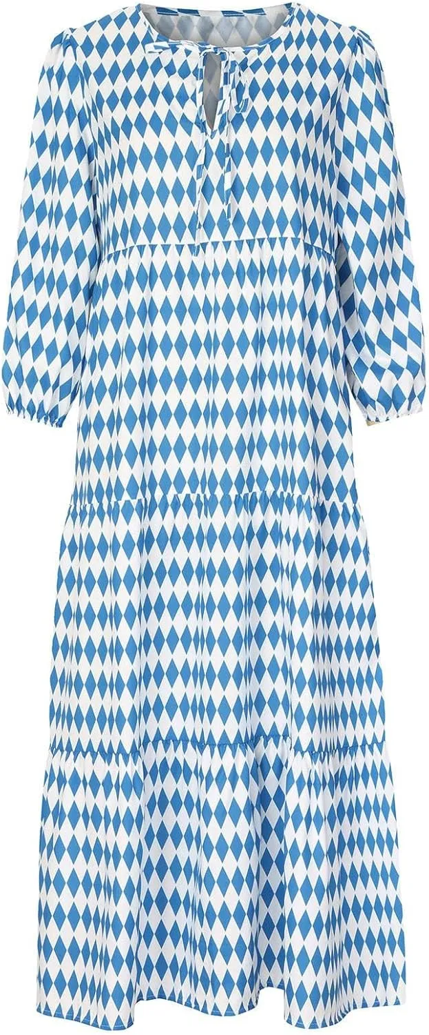 Kubbon Flowy Dresses for Women Boho Printed Maxi Dresses Casual V Neck Puff Sleeve Sundress Loose Beach Dress Fashion Clothes