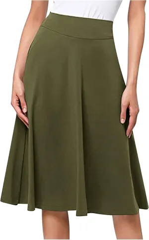 Ladies High Waist Knee Length Skirts Casual Solid Color Comfortable Flared Skirt for Women Flowy Pleated Skirts