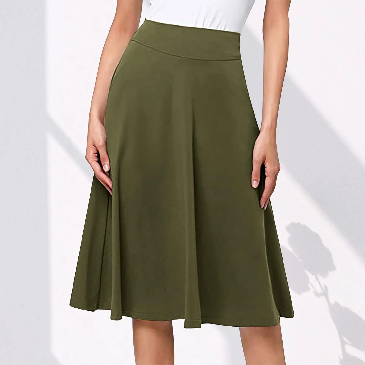 Ladies High Waist Knee Length Skirts Casual Solid Color Comfortable Flared Skirt for Women Flowy Pleated Skirts