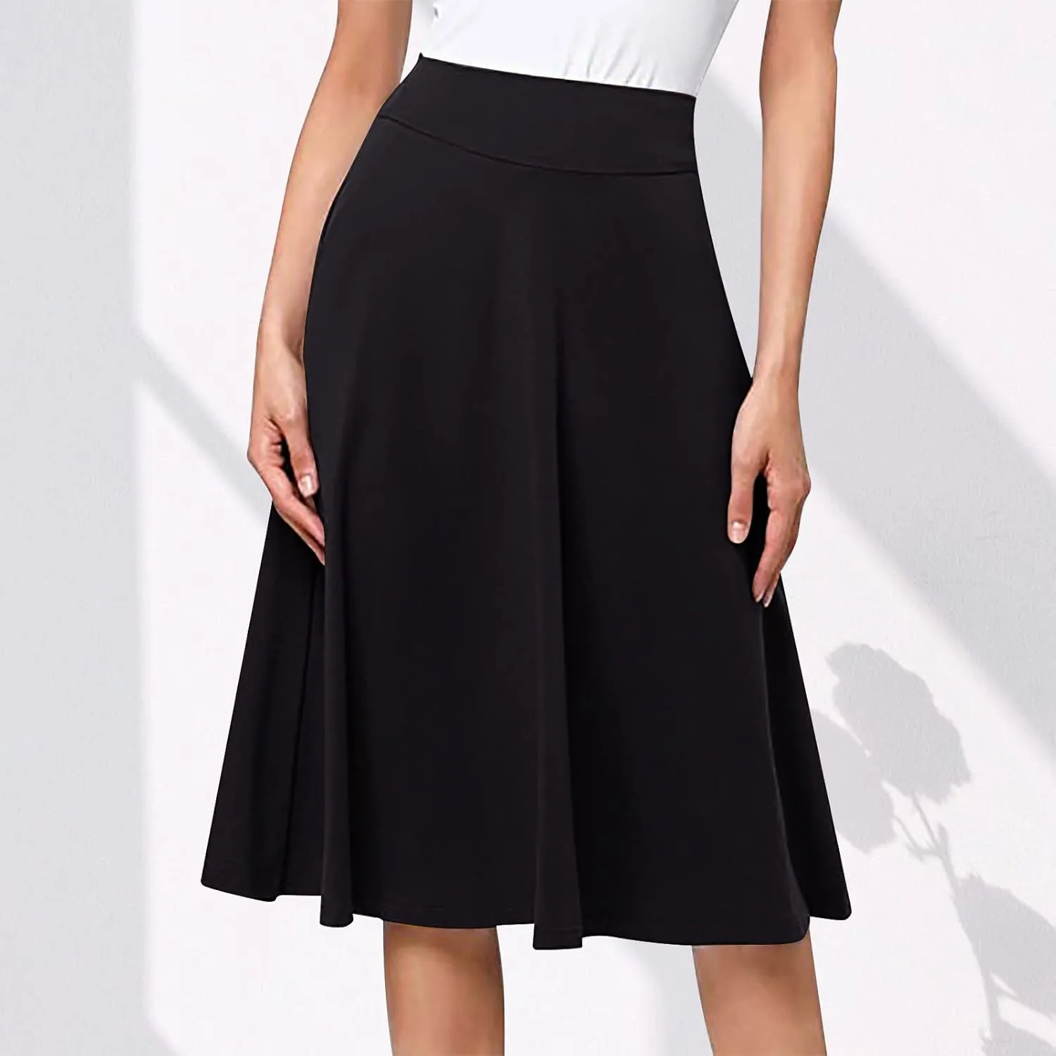 Ladies High Waist Knee Length Skirts Casual Solid Color Comfortable Flared Skirt for Women Flowy Pleated Skirts