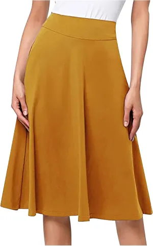 Ladies High Waist Knee Length Skirts Casual Solid Color Comfortable Flared Skirt for Women Flowy Pleated Skirts