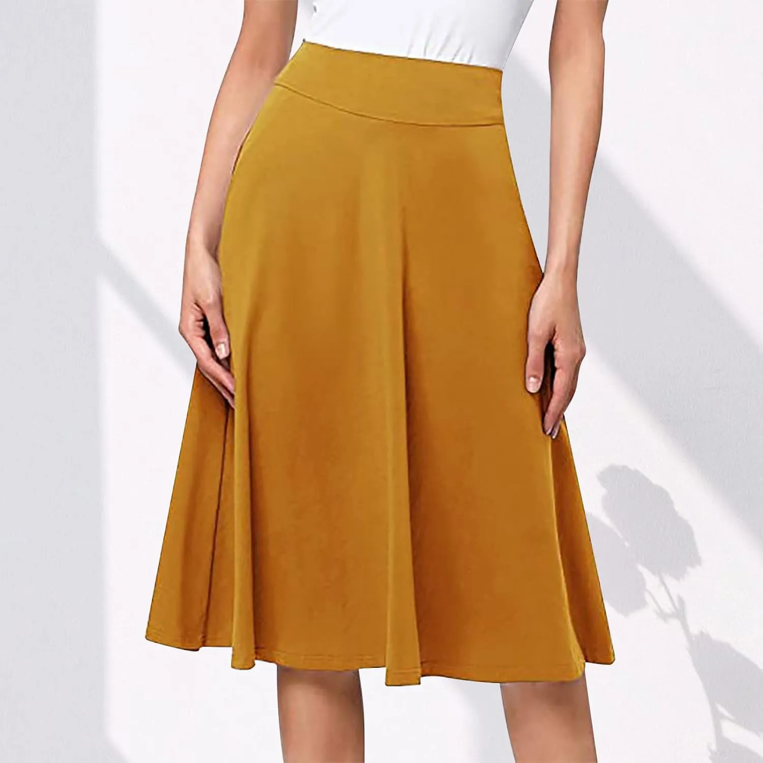 Ladies High Waist Knee Length Skirts Casual Solid Color Comfortable Flared Skirt for Women Flowy Pleated Skirts