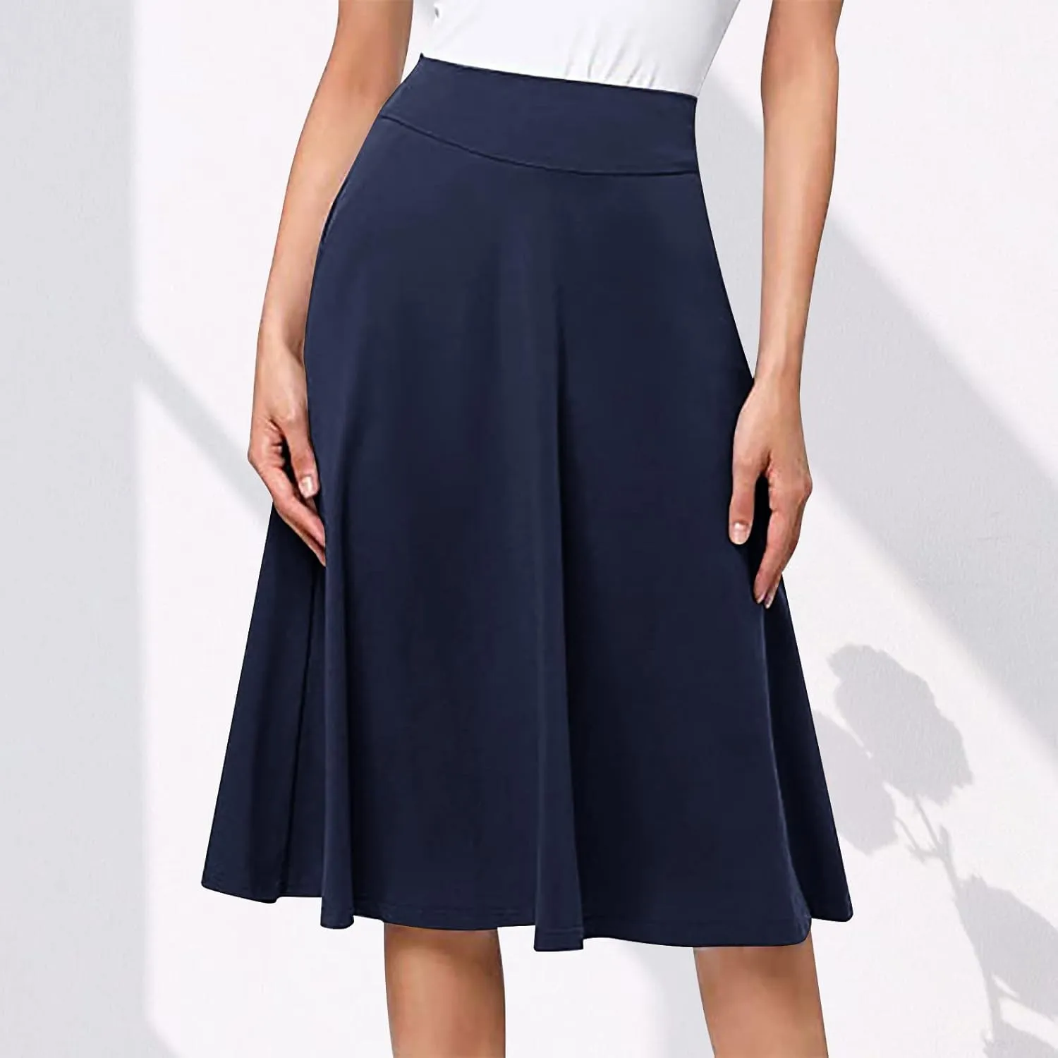 Ladies High Waist Knee Length Skirts Casual Solid Color Comfortable Flared Skirt for Women Flowy Pleated Skirts