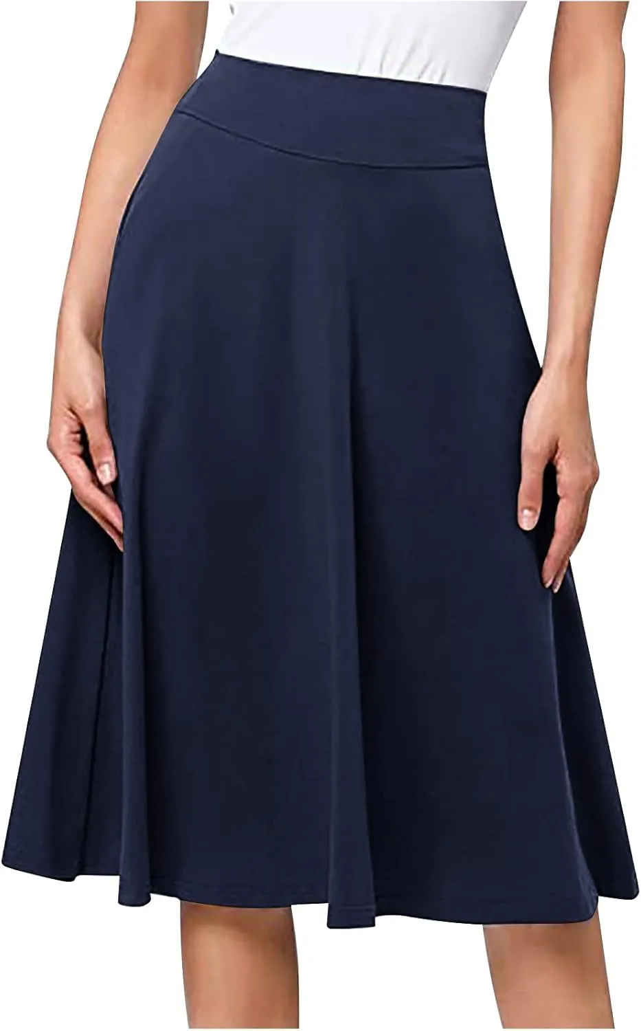 Ladies High Waist Knee Length Skirts Casual Solid Color Comfortable Flared Skirt for Women Flowy Pleated Skirts