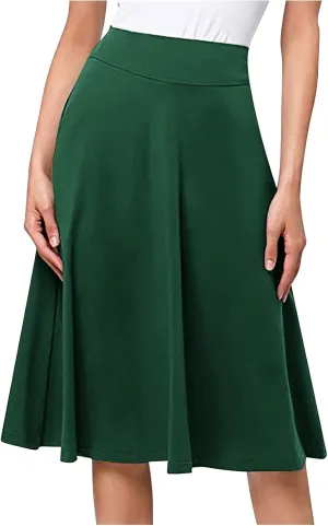 Ladies High Waist Knee Length Skirts Casual Solid Color Comfortable Flared Skirt for Women Flowy Pleated Skirts