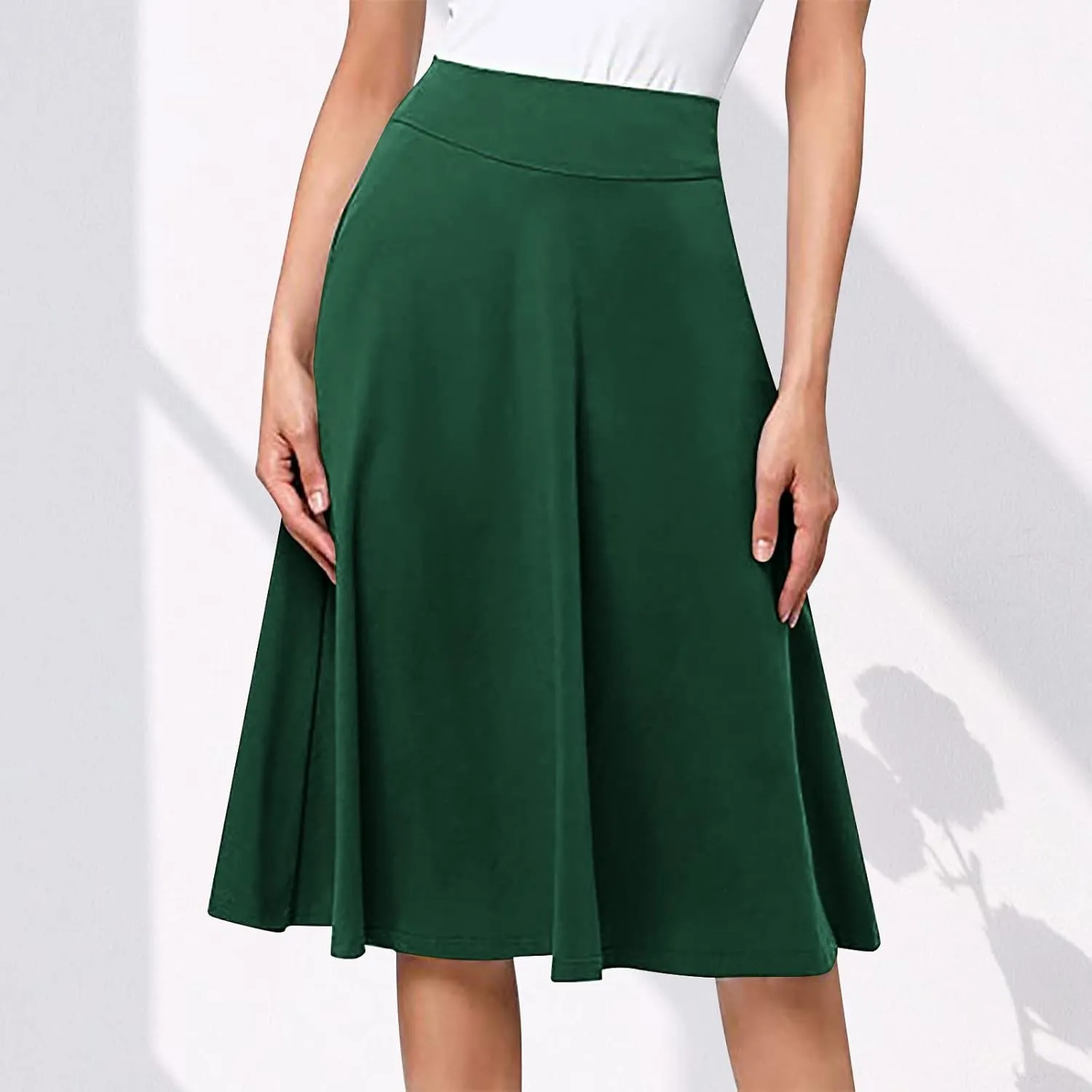 Ladies High Waist Knee Length Skirts Casual Solid Color Comfortable Flared Skirt for Women Flowy Pleated Skirts