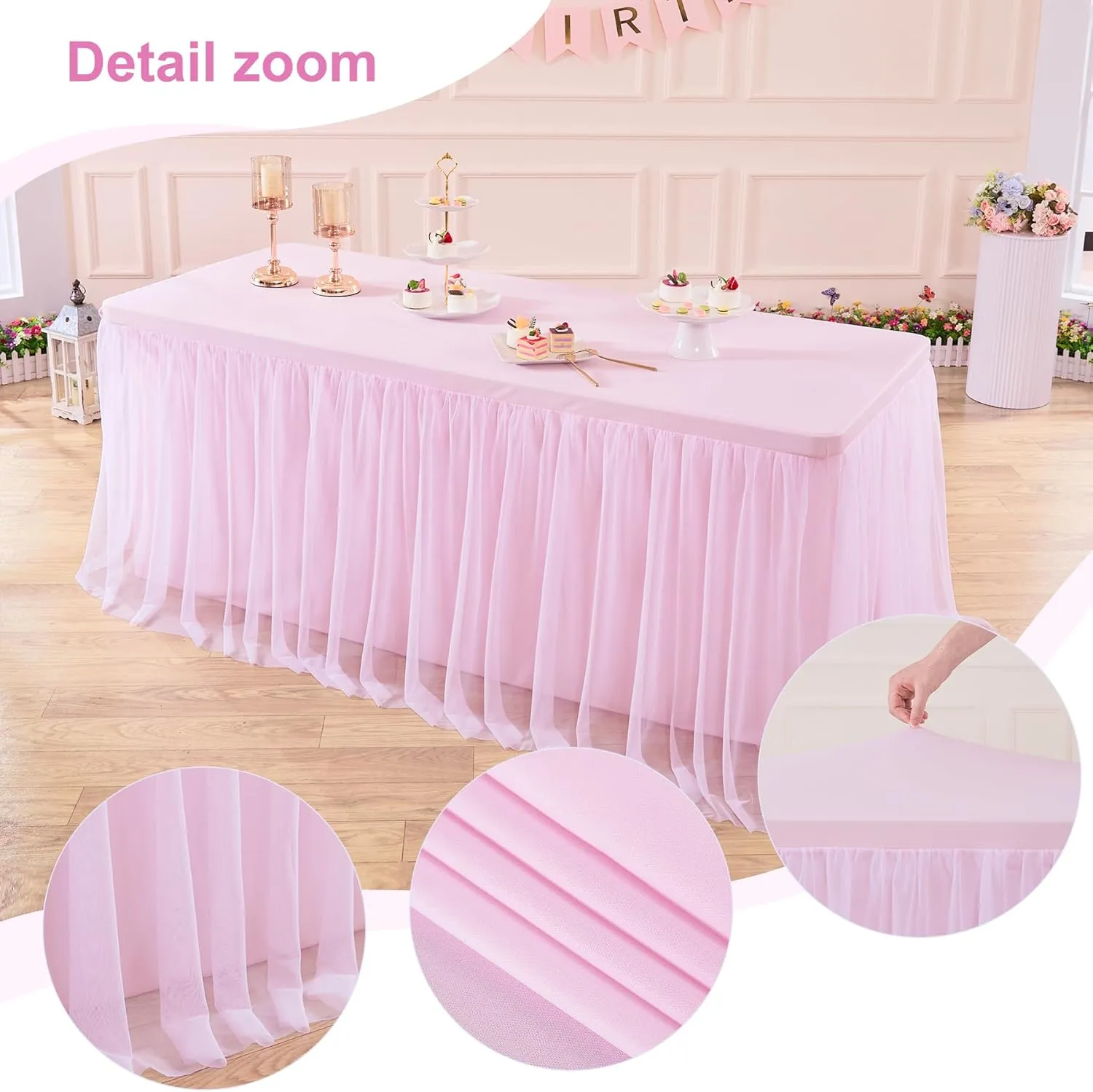 Light Pink Tablecloth for 6 Foot Rectangle Table, Baby Pink Tulle Tutu Tables Skirt Party Table Cover 6ft Baby Shower Banquet Dessert Wedding Tables Cloths Ruffle Bridal Shower