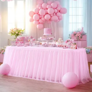 Light Pink Tablecloth for 6 Foot Rectangle Table, Baby Pink Tulle Tutu Tables Skirt Party Table Cover 6ft Baby Shower Banquet Dessert Wedding Tables Cloths Ruffle Bridal Shower