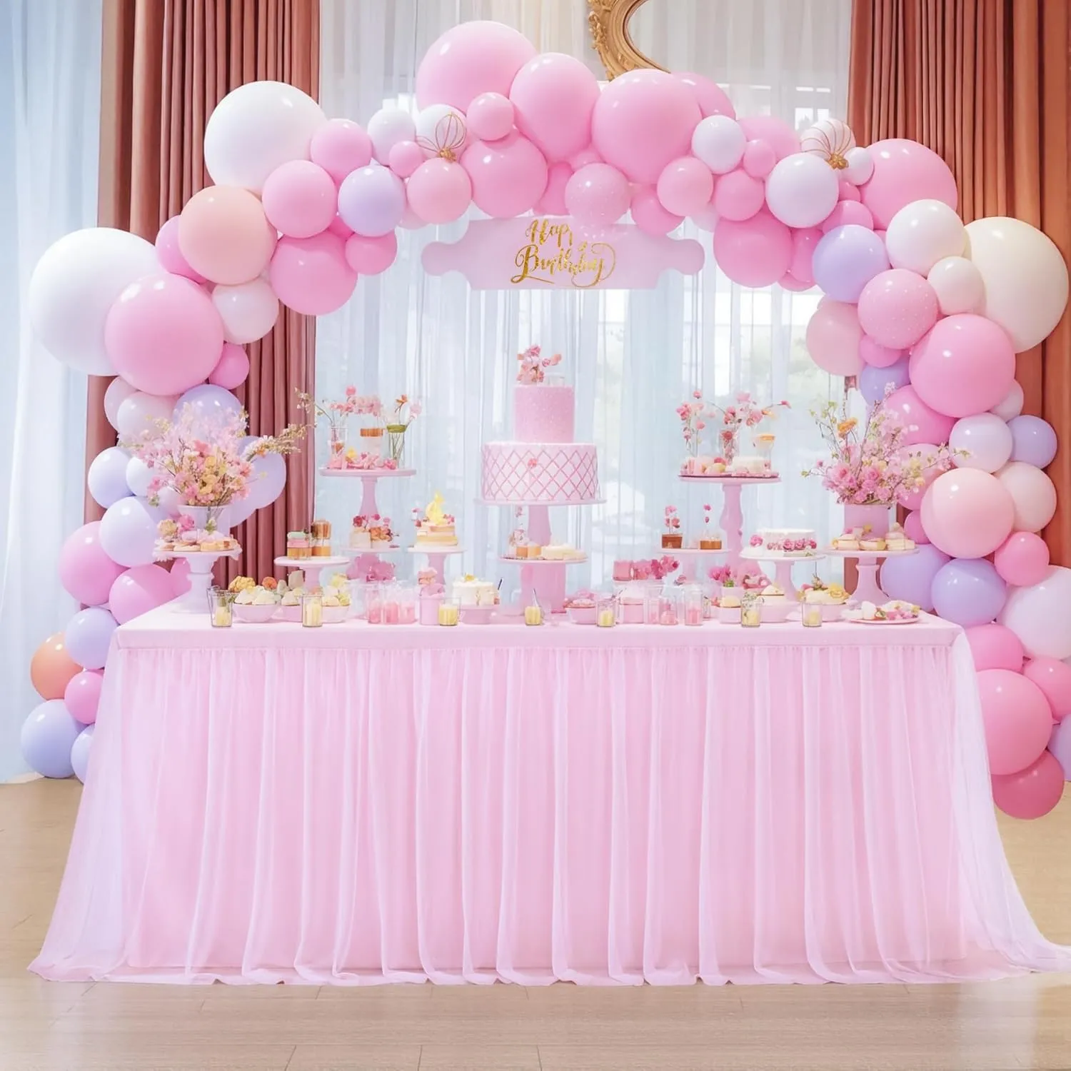 Light Pink Tablecloth for 6 Foot Rectangle Table, Baby Pink Tulle Tutu Tables Skirt Party Table Cover 6ft Baby Shower Banquet Dessert Wedding Tables Cloths Ruffle Bridal Shower