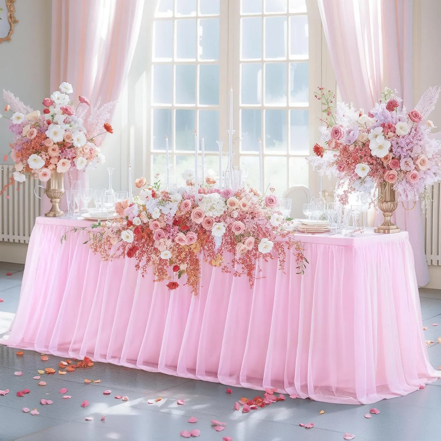 Light Pink Tablecloth for 6 Foot Rectangle Table, Baby Pink Tulle Tutu Tables Skirt Party Table Cover 6ft Baby Shower Banquet Dessert Wedding Tables Cloths Ruffle Bridal Shower
