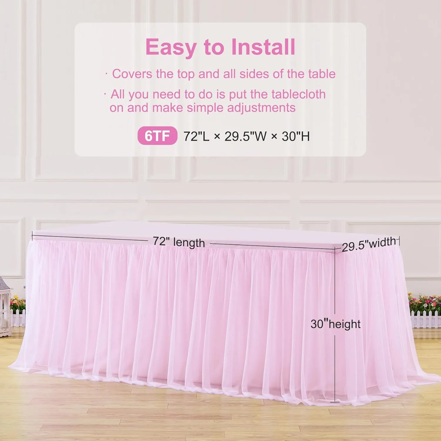 Light Pink Tablecloth for 6 Foot Rectangle Table, Baby Pink Tulle Tutu Tables Skirt Party Table Cover 6ft Baby Shower Banquet Dessert Wedding Tables Cloths Ruffle Bridal Shower