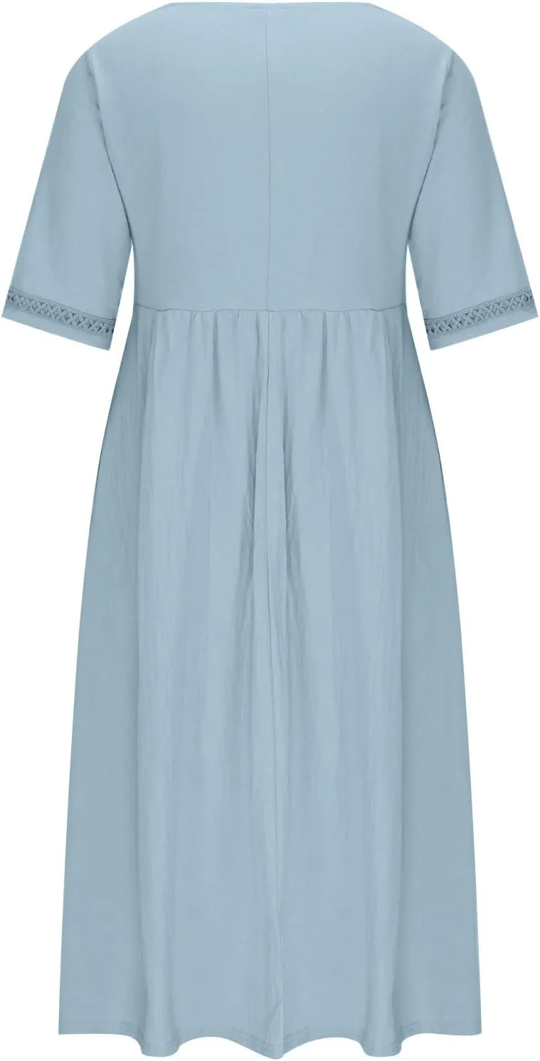 Linen Dress for Women Lace Trim V Neck Short Sleeve T Shirt Dresses Plus Size Pleated Loose Fit Tunic Midi Dress