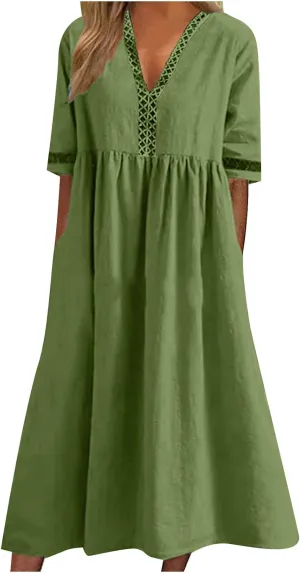 Linen Dress for Women Lace Trim V Neck Short Sleeve T Shirt Dresses Plus Size Pleated Loose Fit Tunic Midi Dress