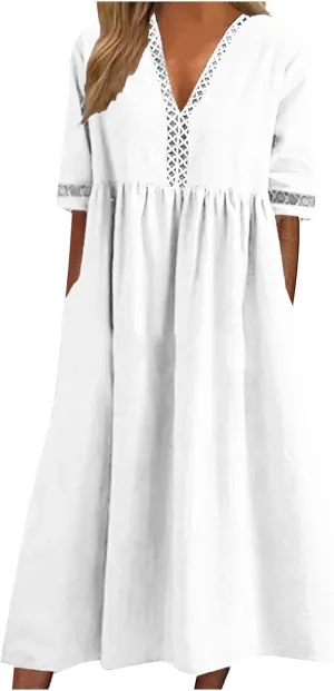 Linen Dress for Women Lace Trim V Neck Short Sleeve T Shirt Dresses Plus Size Pleated Loose Fit Tunic Midi Dress