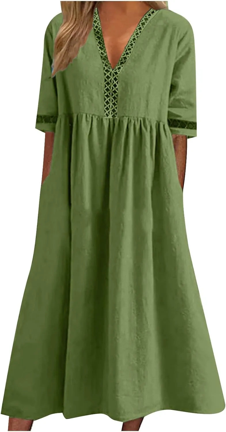 Linen Dress for Women Lace Trim V Neck Short Sleeve T Shirt Dresses Plus Size Pleated Loose Fit Tunic Midi Dress