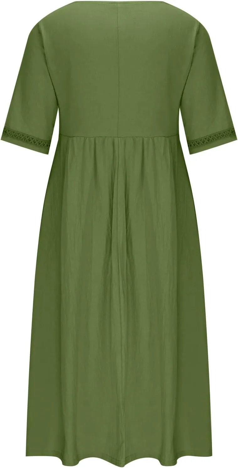 Linen Dress for Women Lace Trim V Neck Short Sleeve T Shirt Dresses Plus Size Pleated Loose Fit Tunic Midi Dress