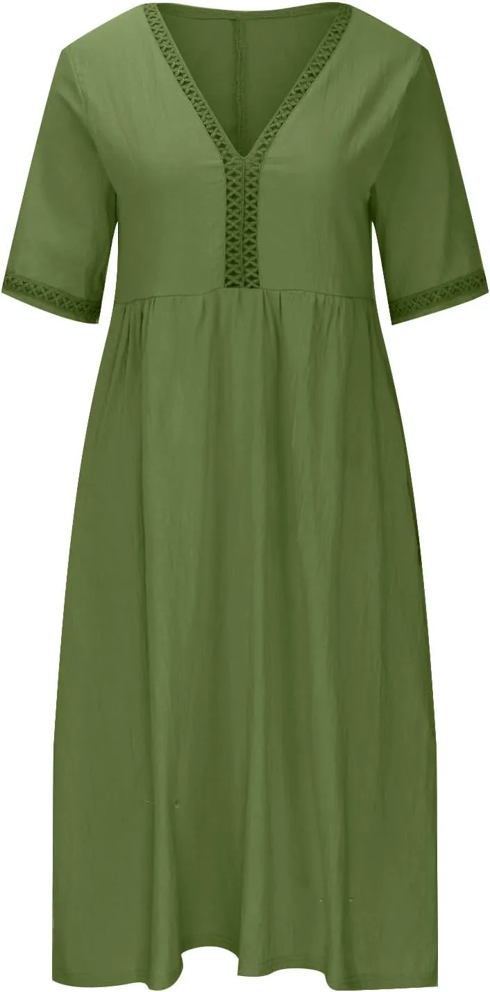 Linen Dress for Women Lace Trim V Neck Short Sleeve T Shirt Dresses Plus Size Pleated Loose Fit Tunic Midi Dress