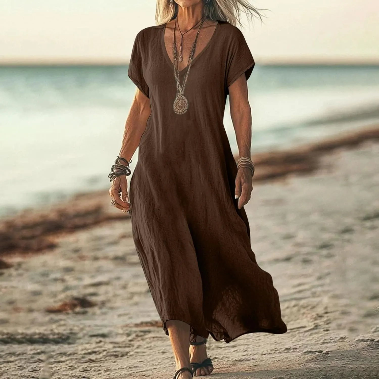 Linen Dresses for Women 2025,Beach Vacation T Shirt Sundresses Modest Loose Fit Boho Western Beige Summer Dresses