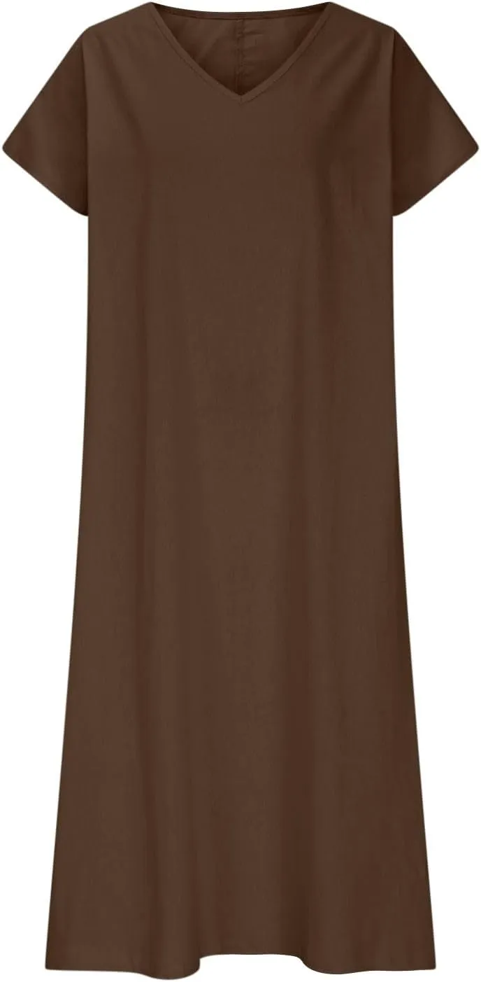 Linen Dresses for Women 2025,Beach Vacation T Shirt Sundresses Modest Loose Fit Boho Western Beige Summer Dresses