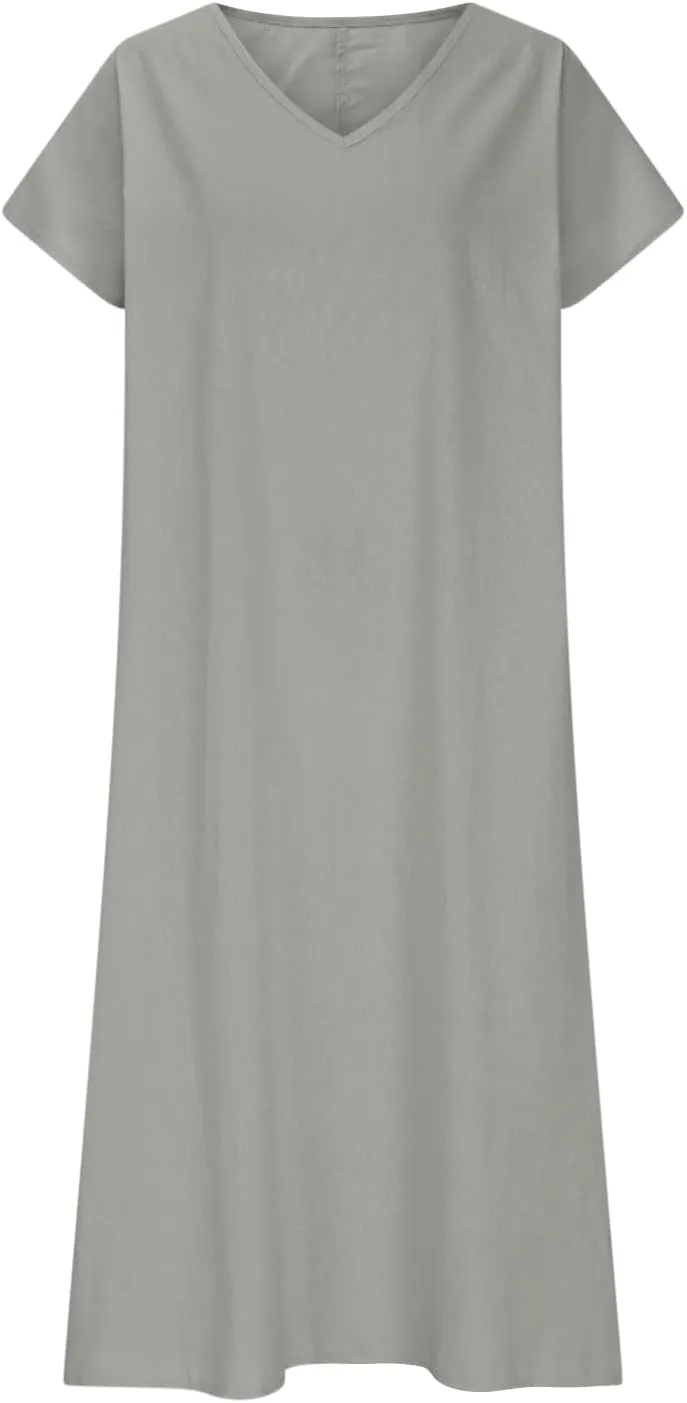 Linen Dresses for Women 2025,Beach Vacation T Shirt Sundresses Modest Loose Fit Boho Western Beige Summer Dresses