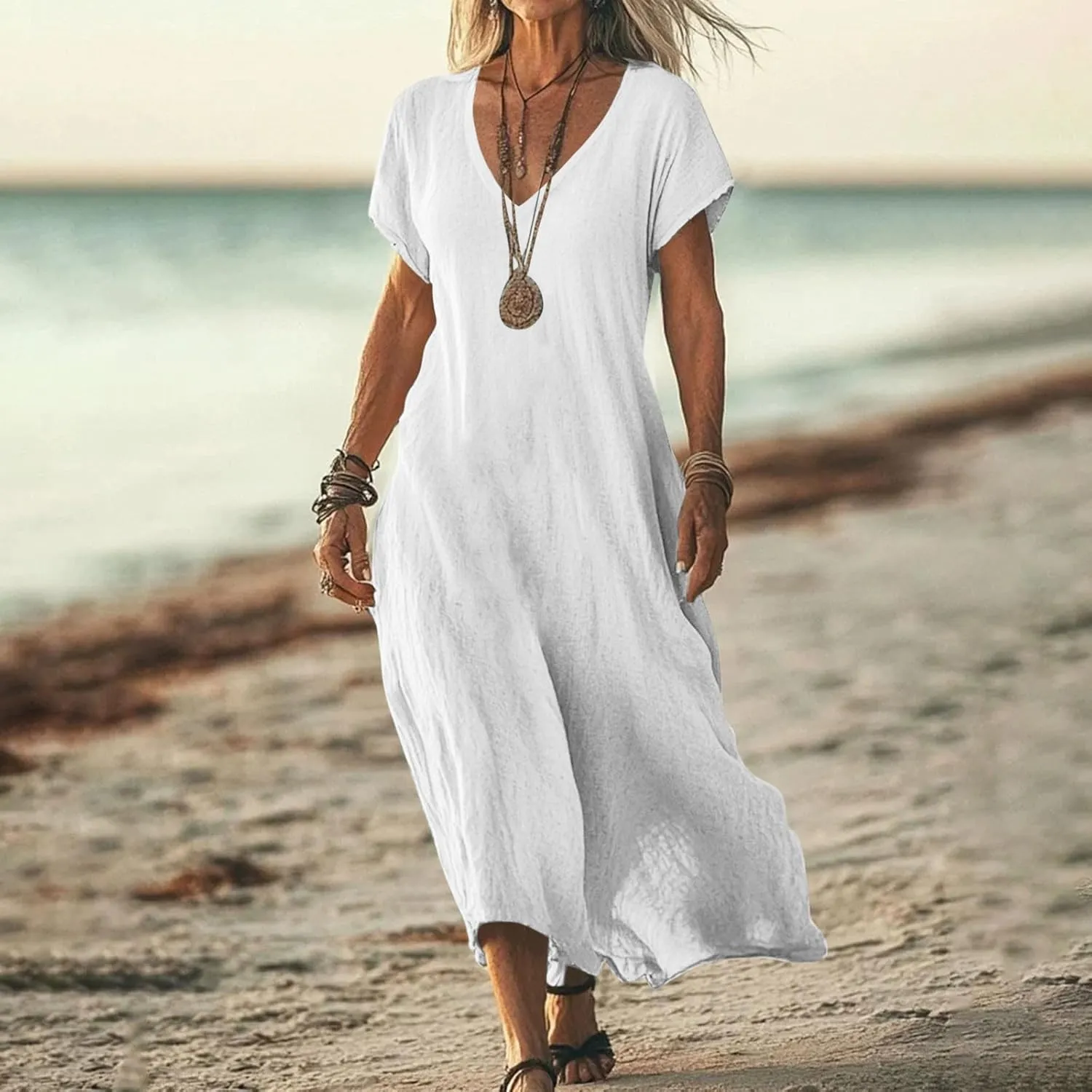 Linen Dresses for Women 2025,Beach Vacation T Shirt Sundresses Modest Loose Fit Boho Western Beige Summer Dresses