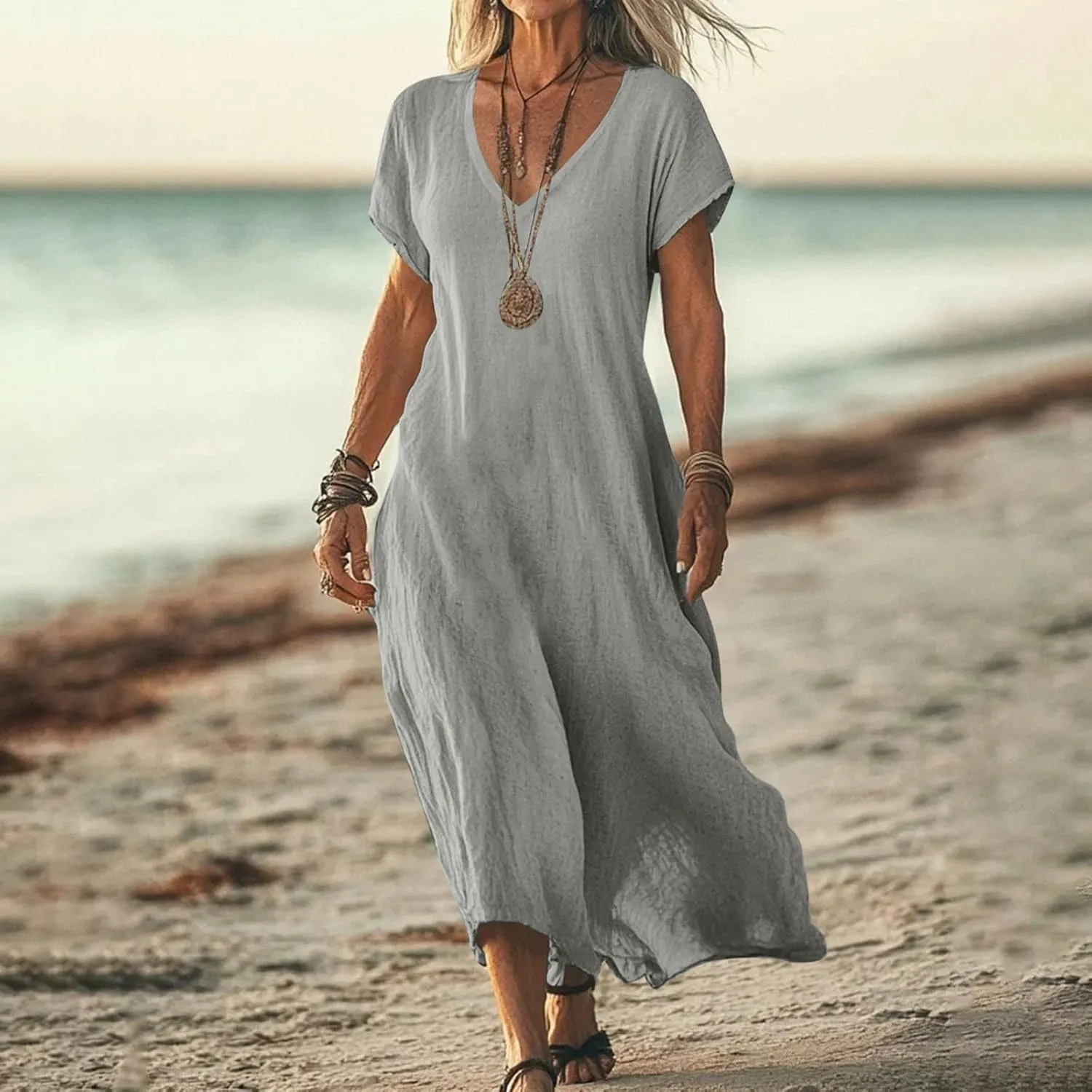 Linen Dresses for Women 2025,Beach Vacation T Shirt Sundresses Modest Loose Fit Boho Western Beige Summer Dresses