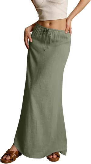 Linen Dresses for Women Cotton Linen Long Summer Casual Drawstring Low Waist Skirt Flowy Beach Vacation Boho