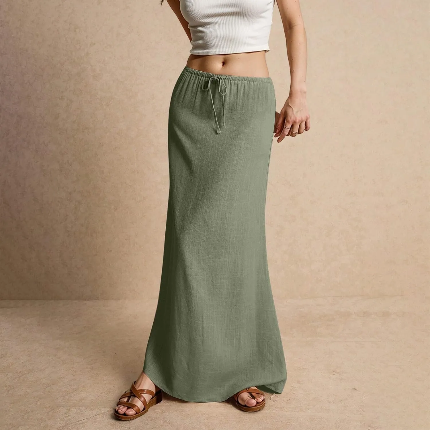 Linen Dresses for Women Cotton Linen Long Summer Casual Drawstring Low Waist Skirt Flowy Beach Vacation Boho