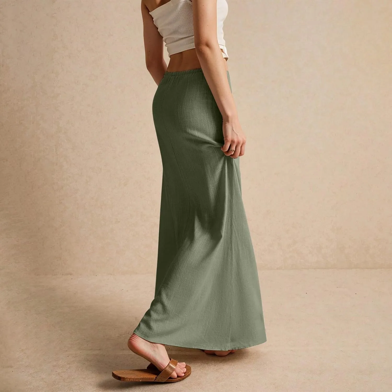 Linen Dresses for Women Cotton Linen Long Summer Casual Drawstring Low Waist Skirt Flowy Beach Vacation Boho
