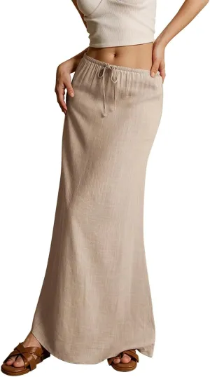 Linen Dresses for Women Cotton Linen Long Summer Casual Drawstring Low Waist Skirt Flowy Beach Vacation Boho